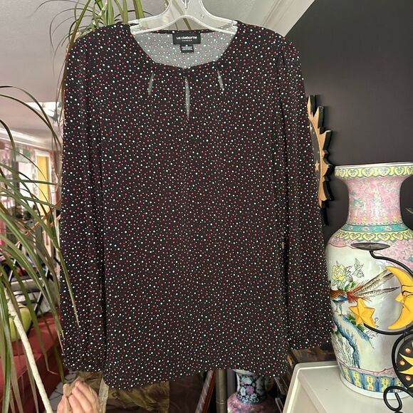 Liz Claiborne Women’s Size Medium Black White Dotted Keyhole Pullover Blouse - Picture 10 of 14